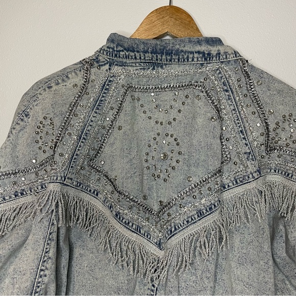 Y2K McBling Cowgirl Rhinestone Fringe 80s Western Studded Denim Jacket sz M L - Picture 6 of 9